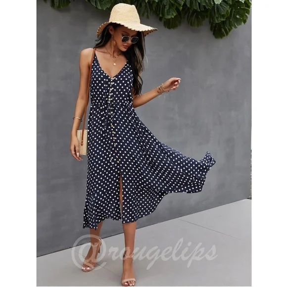 Navy Blue Polka Dot Midi Button Through Dress Flared V-Neck - Picture 3 of 9